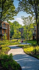 Naklejka premium Modern homes with green paths for families enjoying nature