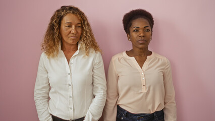 Two women standing together against a pink wall, showcasing diversity and friendship in an isolated indoor setting