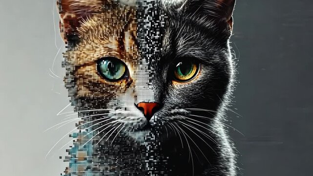 Cat portrait slowly transforming into pixels