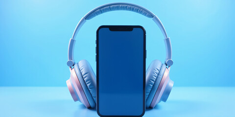 Blue, pink wireless headphones and mobile phone. Modern beautiful on a beautiful light background....