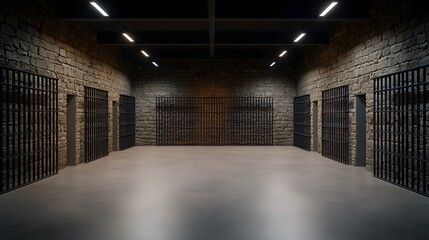 Spacious Interior of Empty jail with Rugged Stone Walls and Iron Barred Cell Doors, Creating a Dramatic and Engaging Atmosphere for Various Visual Projects