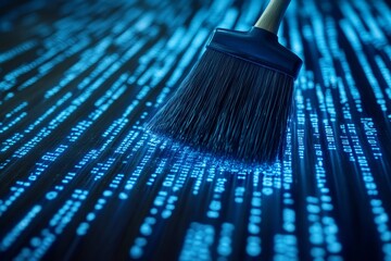 A broom sweeping away glowing blue binary code symbolizing data deletion and clearing process