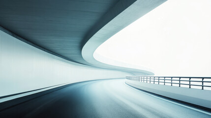 Fototapeta premium Futuristic curved urban roadway with sleek architecture, creating a surreal and modern atmosphere under soft, diffused light.