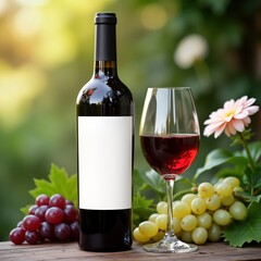 Obraz premium Red wine bottle with blank label sits on wooden surface surrounded by grapes. Glass of red wine, grapes beside bottle. Green garden setting in background. Summery vacation setting for romantic event