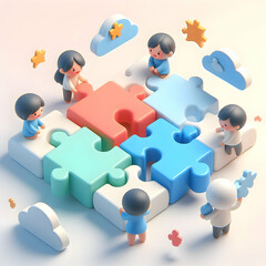 3D Soft abstract digital art with team connecting puzzle pieces copy space below. concept as A soft abstract digital art scene of a team connecting puzzle pieces symbolizing collaboration and problem 