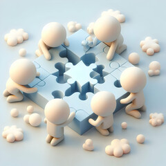 Obraz premium 3D Soft abstract digital art with team members solving puzzle copy space below. concept as Team members solving a puzzle on a soft abstract digital art background representing collaboration and proble