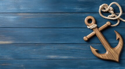Wooden anchor tied with rope lies on a rich blue background, perfect for conveying nautical vibes while offering space for text © lililia
