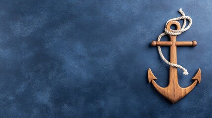 Wooden anchor tied with rope lies on a rich blue background, perfect for conveying nautical vibes while offering space for text