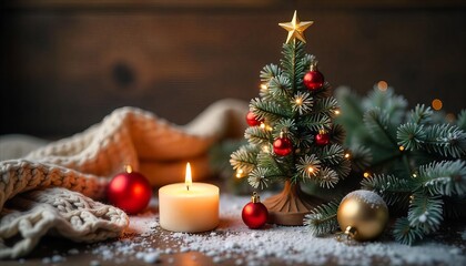 A cozy Christmas with a small decorated Christmas tree with red and gold ornaments flickering candles and green pine branches covered in fluffy white snow