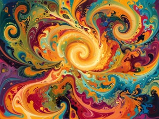vibrant and dynamic abstract painting showcasing swirling colors in a fluid motion, evoking energy and creativity. Psychedelic art style.