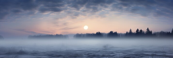 Obraz premium A Serene Winter Sunrise Over a Misty Landscape with Snow-Covered Ground and Silhouetted Trees Enhancing the Natural Beauty of the Morning Sky