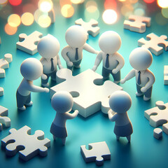 3D Team members collaborating on puzzle with bokeh digital art background copy space below. concept as Team members collaborating on a puzzle with a bokeh digital art background representing modern te