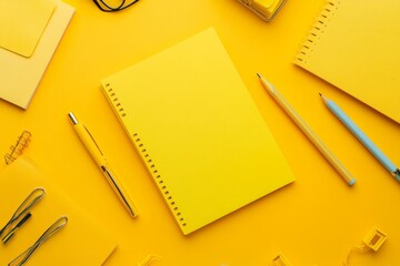 Minimalist composition of yellow notepad surrounded by stationery on matching yellow background