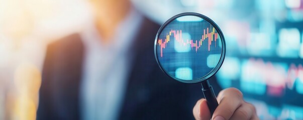 Investor looking through a magnifying glass at complex graphs, balancing risk and reward in market strategy, Risk reward, financial strategy