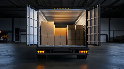 Interior Shot of a Box Truck with Open Doors Showcasing an Organized Heap of Standard Cardboard Boxes in a Well-Lit Warehouse Environment