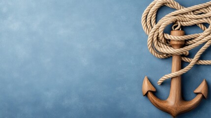 Wooden anchor tied with rope lies on a rich blue background, perfect for conveying nautical vibes while offering space for text