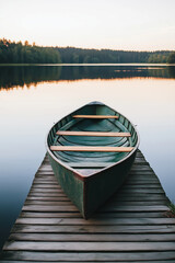 Obraz premium A calm and peaceful scene of a green boat resting on a wooden dock by a serene lake, inviting relaxation.