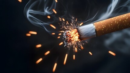 Macro Shot of a Cigarette Igniting with a Spark, Capturing the Details of Smoke and Embers in a Dramatic Close-Up