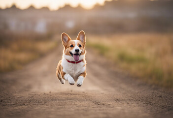 Small dog running on a dirt path. The dog appears to be in mid-air, with all four paws off the ground.