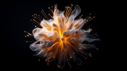 Abstract glowing flower with golden light trails, futuristic energy burst, digital art concept, floral-inspired illumination, dark background, dynamic design, copy space.