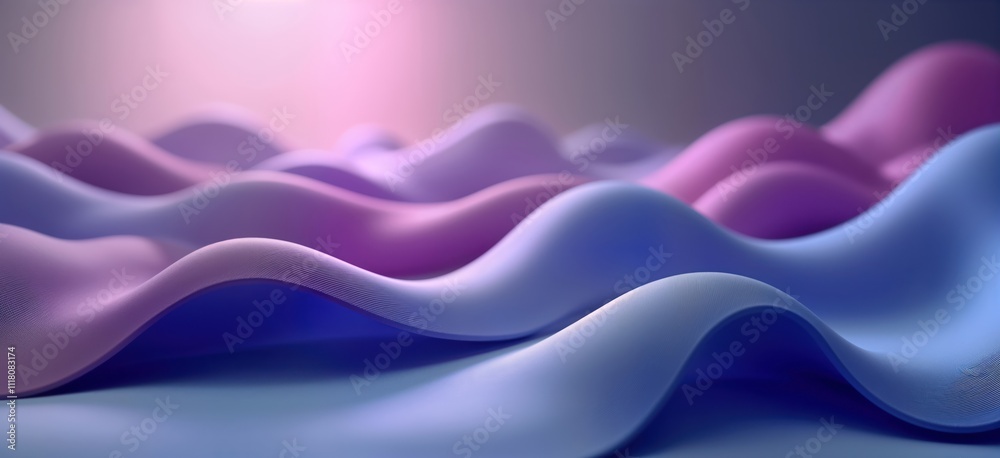 Poster Abstract 3d design with flowing curves, soft color gradients. Purple, blue waves intertwine. Smooth surface textures create dynamic, modern visual experience. Abstract design for tech eco themes.