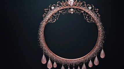 A circular frame shimmering with rose gold glitter, giving a warm and elegant vibe on a dark black background. A rose gold crown with intricate diamond-shaped .
