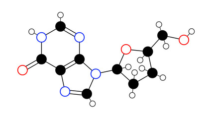 didanosine molecule, structural chemical formula, ball-and-stick model, isolated image antiviral