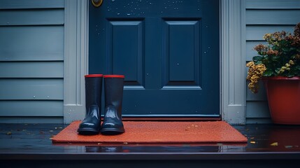 A pair of black rain boots are outside a blue door