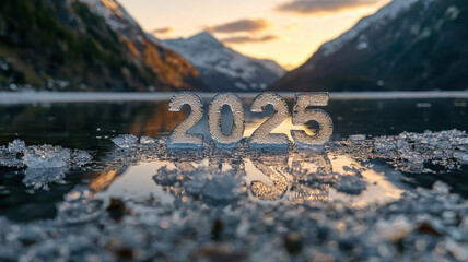 2025 ice numbers reflecting on water in scenic landscape