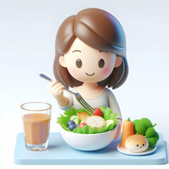 3D Woman practicing mindful eating with bokeh background copy space on left concept as A woman engaged in mindful eating with a soft bokeh background emphasizing healthy eating and self care with ampl