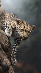Fototapeta premium Leopard scaling a rocky tree, sharp claws digging into the bark in a dense forest.