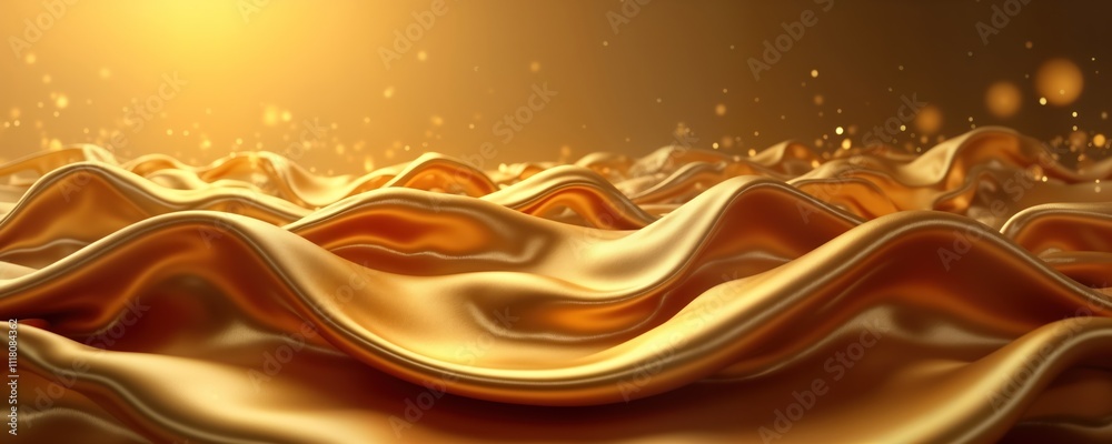 Poster golden silk waves create luxurious elegant background. luxurious fabric drapes in flowing golden wav