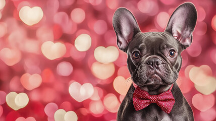 French Bulldog in bowtie with heart background
