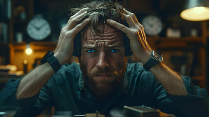 Fototapeta premium Blue Monday Desk Stress concept as Worker with hands on head at desk showing high stress levels on Blue Monday suitable for magazine advertisement with copy space. in Photo Stock Concept 