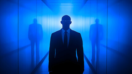 Fototapeta premium Blue Monday Glossy Reflection concept as Glossy reflection of a person in office mirror showing tired and contemplative expression symbolizing Blue Monday fatigue copy space for text. in Photo Stock 