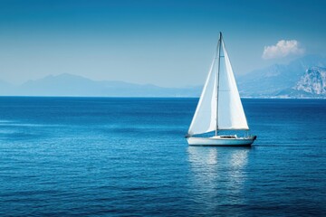 Serene Sailboat Voyage Across Azure Waters Majestic Mountain Vista