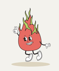 Dragon fruit retro character. Fictional character for cartoons. Cheerful toy and mascot. Emotions and emoji. Back to 1980s and 1990s. Flat vector illustration