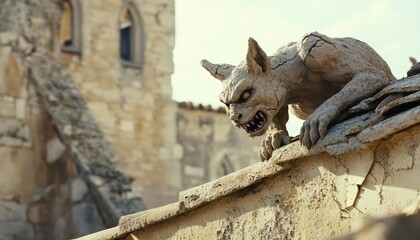 A menacing gargoyle perched on a building rooftop in an ancient setting.