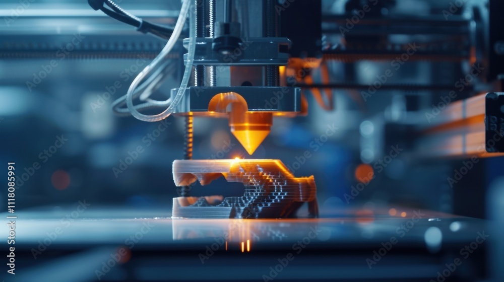 Poster advanced robotic arm of a 3d printer precisely layering molten plastic to construct a complex and in