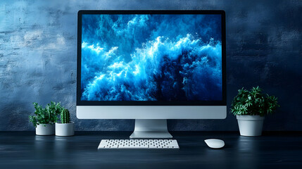 Fototapeta premium Blue Monday Quiet Workspace concept as Quiet and minimalist workspace setup reflecting the subdued mood of Blue Monday for magazine advertisement with copy space. in Photo Stock Concept 