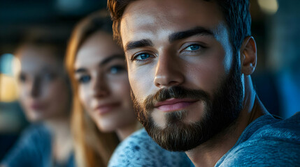 Fototapeta premium Blue Monday Support Group concept as Group of individuals in a support meeting sharing feelings and supporting each other on Blue Monday suitable for magazine advertisement with copy space. in Photo 