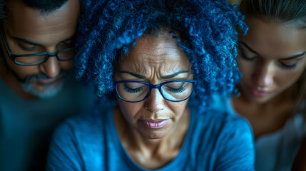 Fototapeta premium Blue Monday Support Group concept as Group of individuals in a support meeting sharing feelings and supporting each other on Blue Monday suitable for magazine advertisement with copy space. in Photo 