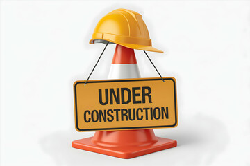 Traffic cone with hard hat and sign symbolizes construction in clean, minimalistic style