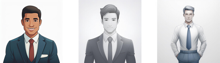 Three illustrated portraits of men in business attire.  One is in color, another grayscale, and the third in muted tones.