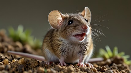 A small, light brown mouse with large ears, mouth open, is sitting