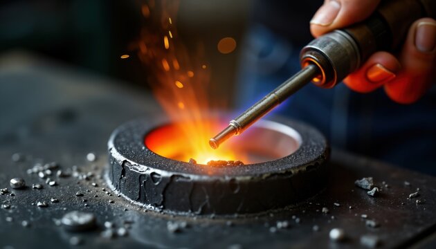 Jewelers hand holds blowtorch melting metal. Molten liquid metal poured into mold for custom bracelet. Macro view shows process detail. Craftsmanship, precision evident. Artisanal jewelry creation.