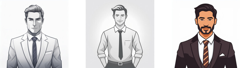 Three illustrated men in business attire; one in grayscale, one in light colors, and one in dark colors.  Different hairstyles and facial hair are shown.
