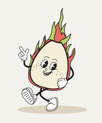 Dragon fruit retro character. Fictional character for cartoons. Cheerful toy and mascot walking. Graphic element for website. Flat vector illustration