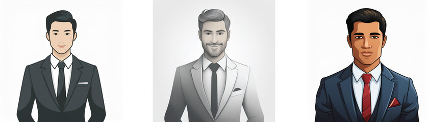 Three men in suits, illustrated in different colors and styles.  The image showcases diverse appearances and professional attire.
