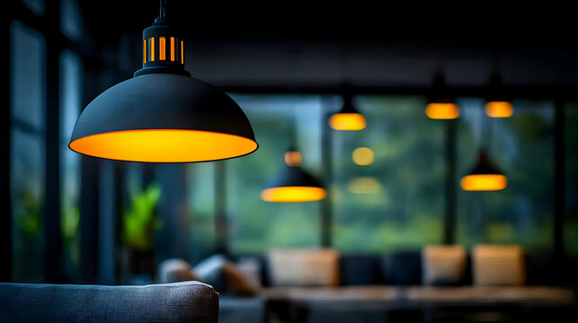 Bokeh Business Lounge concept as Soft bokeh lights in a business lounge setting creating a relaxing yet somber atmosphere suitable for Blue Monday magazine advertisement with copy space. in  Photo Sto